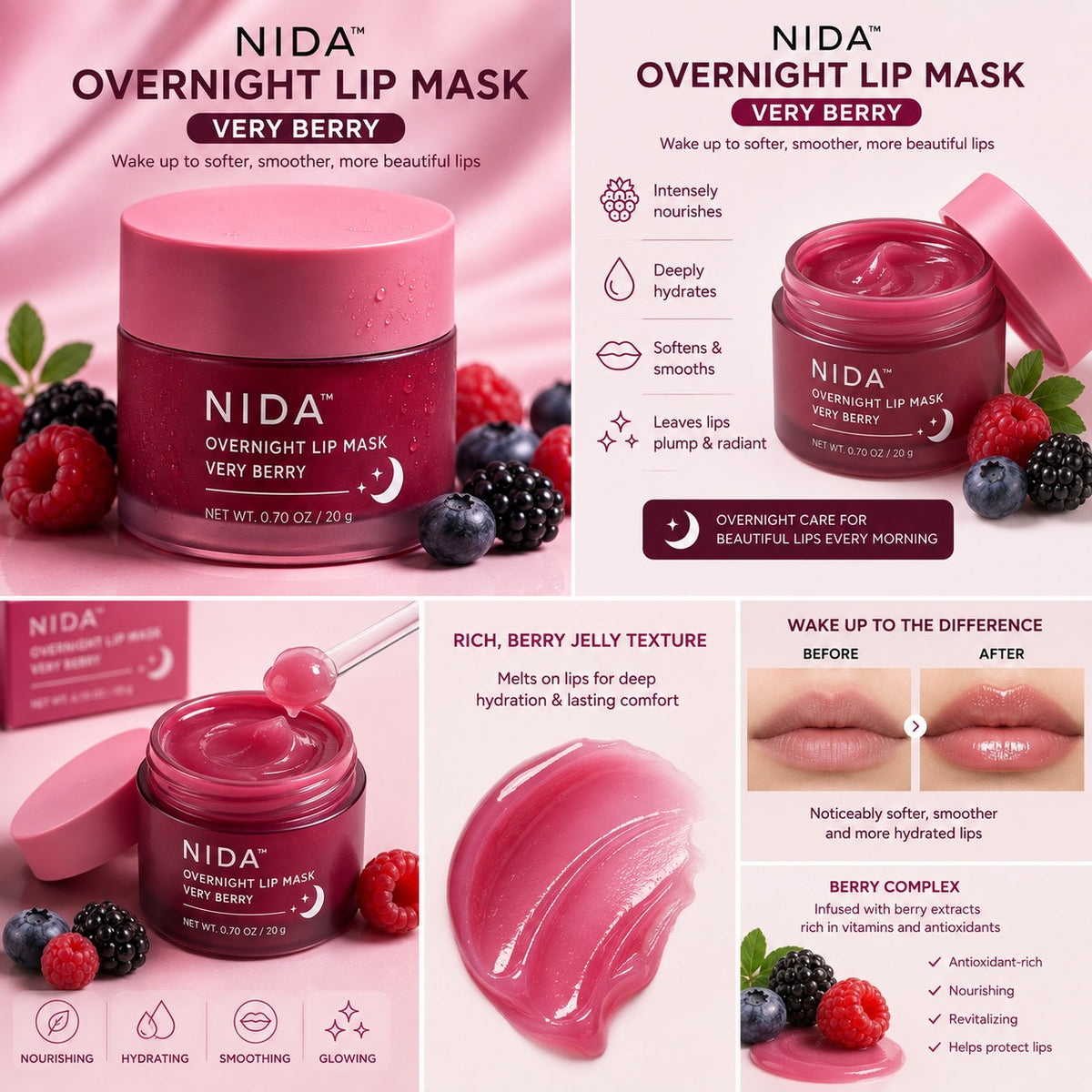 Nida Overnight Very Berry Lip Mask 20G
